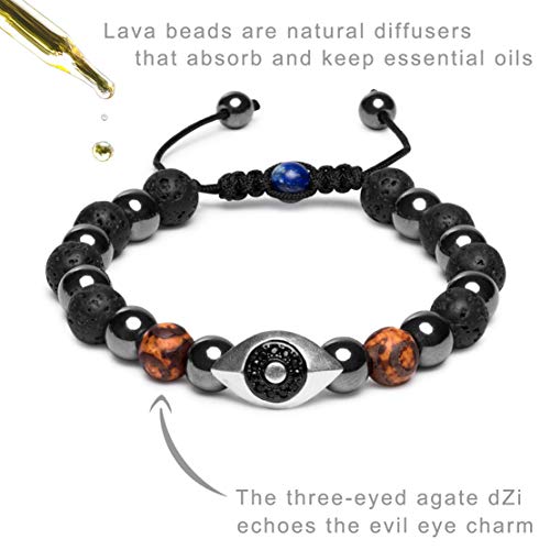 Karseer Vintage Silver And Black Plated Hamsa Evil Eye Stress Relief Reiki Healing Bracelet Natural Hematite Agate Dzi Lava Rock Lapis Lazuli Beaded Macrame Adjustable Anti Anxiety Diffuser Bracelet #TOP2