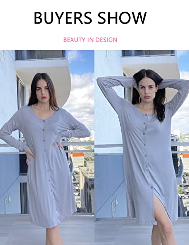 Ekouaer Womens Nightgown Long Sleeve Button Down Nightshirt V-Neck Sleepwear Loose Pajama Dress For Autumn/Winter Light Grey #TOP11