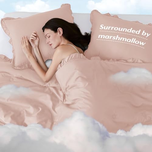 Image of HARBOREST King Comforter Set Blusher - Ruffle Comforter for King Size Bed, Fluffy King Size Comforter Set for All Seasons, 3 Pieces Shabby Chic Bedding Comforter Set(1 Comforter & 2 Pillow Shams)