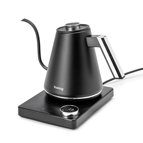 huslog Bouilloire Électrique 1L Température Réglable 40-100°C, Col de Cygne 8 mm, Écran LED, Fonction Maintien au Chaud, 1100W, Acier Inoxydable 304, Noir-Argent, Base avec Range-Câble