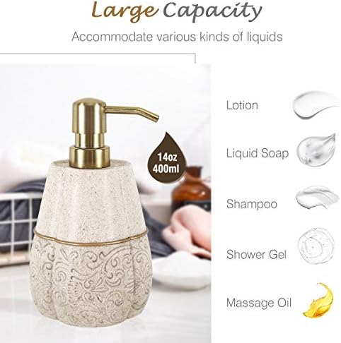 Lewondr Soap Dispenser Bottle, 400ml/14oz Countertop Hand Lotion Pump Bottle, Resin Soap Dispenser with Carved Pattern, Refillable Liquid Bottle for Bathroom, Kitchen - Khaki