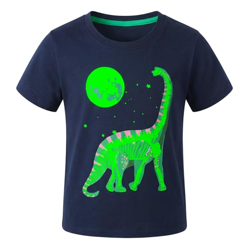 FILOWA T-Shirt Boys Kids Cotton Short Sleeve Tee Glow in the Dark Crew Neck Soft Top Navy Blue Dinosaur Pattern Plain T Shirts Casual School Sports Summer Outfit for Toddlers 5-6 Years