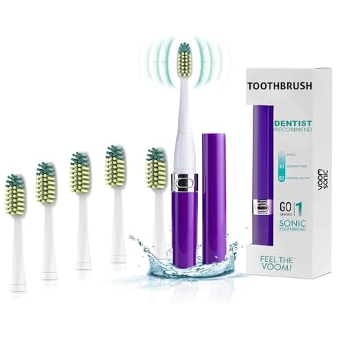 Voom Sonic Go 1 Series Travel Electric Toothbrush + 4PK Brush Heads, Travel Toothbrushes - Battery Operated Toothbrush for Adults & Kids, Portable with 2 Minute Timer (Purple) Cover