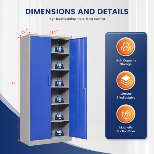 Image of Yizosh Metal Garage Storage Cabinet with 2 Doors and 5 Adjustable Shelves - 71 inch Steel Lockable File Cabinet,Locking Tool Cabinets for Office,Home,Garage,Gym,School (Gray Blue)