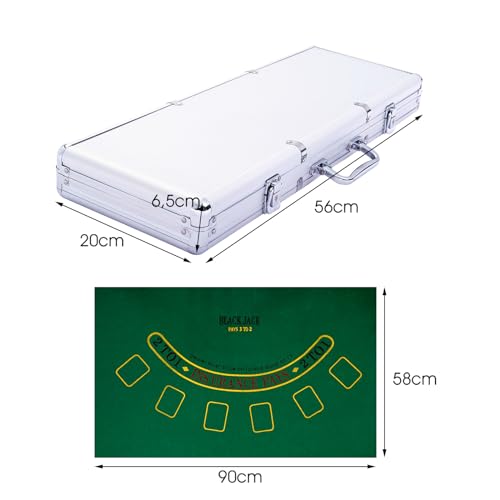 HOMASIS Pokerset mit 500 Chips, Poker Koffer mit 2 Kartendecks, 5 Würfel, Kasino-Matte, 3 Dealer Button, abschließbar Pokerkoffer Profi aus Alu, Komplettes Poker Set Pokerkarten für Partys (Silver) – Bild 6