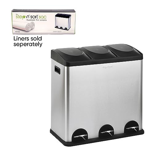 Image of Step N' Sort 60L 3-Compartment Kitchen Recycling Bin - Stainless Steel Trash & Recycling Can with Hands-Free Step Pedals (3 x 20L)