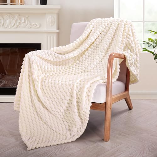 Exclusivo Mezcla Extra Large Soft Fleece Throw Blanket, 50x70 Inches 3D Clouds Stylish Jacquard Throw Blanket for Couch, Cozy, Warm and Lightweight for Winter, Off White Blanket