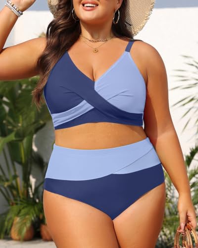 Image of Tempt Me Plus Size High Waisted Two Piece Swimsuit Color Block Bikini Set | Removable Padded Cups for Large Bust, Twist front Design, Color Block Style, Adjustable Straps
