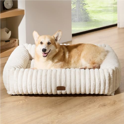 Image of Bedsure ComfyFleece Cute Dog Bed Medium Large Size Dog Washable,33in Cream | Furry Big Pet Beds,Square Rectangle Orthopedic Corduroy Aesthetic,Removable Zipper Cover,Non-Slip Bottom,Up To 50 Lbs