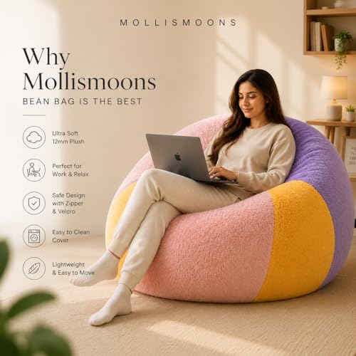 Image of Mollismoons Faux Fur Bean Bag Chair Cover for Adults & Kids | Luxury Lounger & Round Floor Sofa Seating | Modern Cozy Feel | No Beans Included (Pestal, Teardrop)