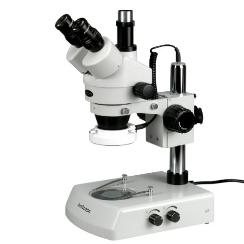Image of AmScope SM-2TX-LED Professional Trinocular Stereo Zoom Microscope, WH10x Eyepieces, 3.5X-45X Magnification, 0.7X-4.5X Zoom Objective, Upper and Lower LED Lighting, Pillar Stand, 110V-120V, Includes 0.5X Barlow Lens