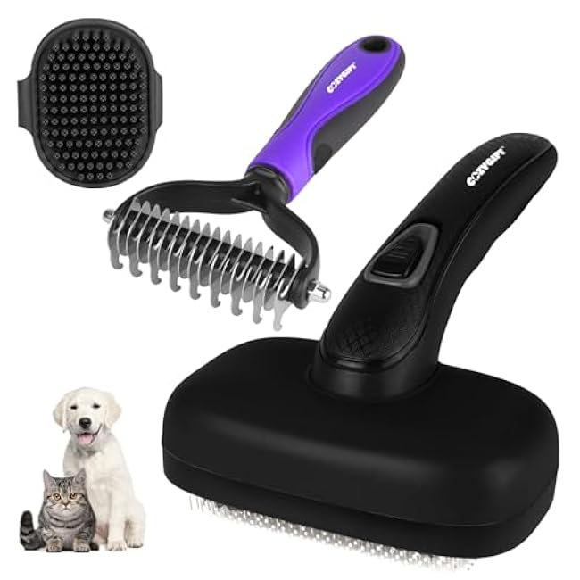 Dog Brush Kit ¨C 3 PCS Grooming Set with Self-Cleaning Brush, Undercoat Rake & Pet Bath Brush. Great for Shedding, Tangles & Dirt Removal ¨C Ideal for Long & Short Haired Dogs & Cats, Black-SPCaXl61