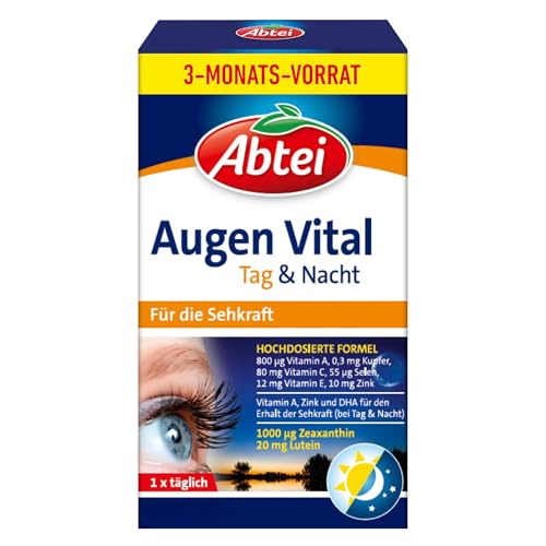 Abtei Augen Vital Tag und Nacht Zum Erhalt der Sehkraft Hochdosiert Glutenfrei Laktosefrei Vorratspackung 90 Kapseln für 3 Monate