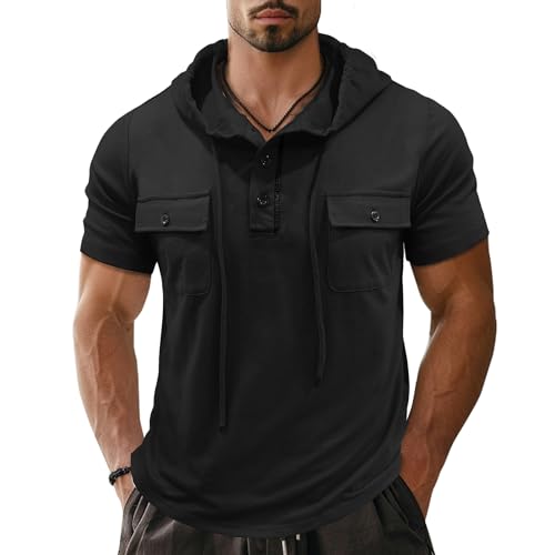 APAELEA Manches Courtes Hoodie Hommes Sport Fitness Pull Hoodie à Capuchon Bouton Muscle fit Sweatshirt d'été,Noir,3XL