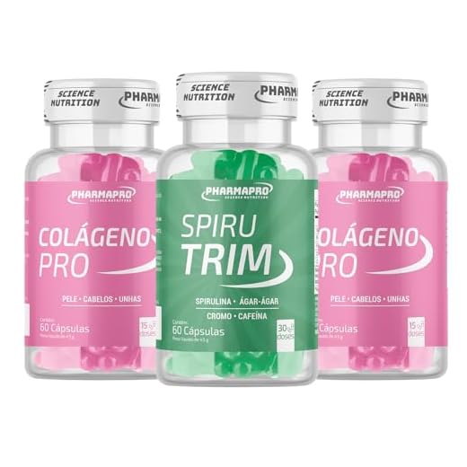 Kit 2x Colageno Pro Hidrolisado Premium 60 Cápsulas Pele Cabelos Unhas Ácido Ascórbico Betacaroteno + 1x Spirutrim 60 Cápsulas Spirulina Psyllium Cromo Cafeína Matéria Prima Importada