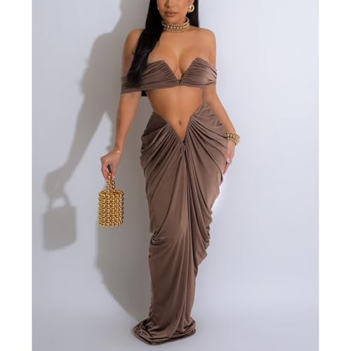 Womens Sexy Tube Tops and Ruched Pleated Skirts 2 Piece Sets Party Club Suits2