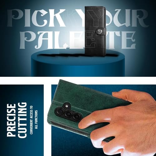 Image of WOW IMAGINE Shock Proof Flip Cover Back Case for Samsung Galaxy M17 5G | A17 5G | F17 5G (Magnetic Button Flip Case | Wallet Pockets & Stand | Leather Finish | Forest Green)