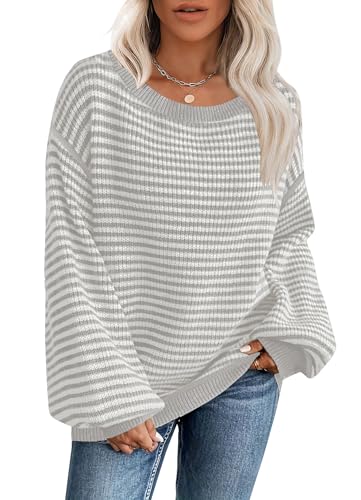 Soesdemo Womens Oversized Sweater Off Shoulder Chunky Crewneck Striped Long Sleeve...