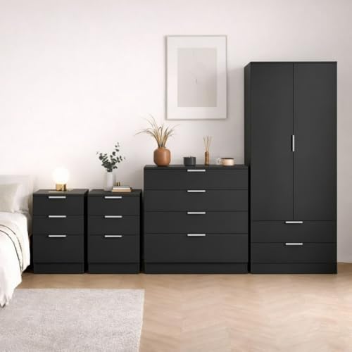 Vida Designs Trega 4 Piece Bedroom Set (3 Drawer Bedside Chest x2, 4 Drawer Chest, 2 Door 2 Drawer Wardrobe) Black