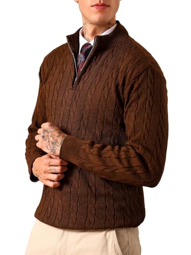 Image of Kvetoo Men's Wool High Neck Zipper Sweater, Full Sleeve Cable Knit Quarter Zip Winter Pullover
