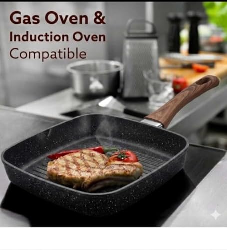 Image of Niyam Nonstick Grill Frying Pan with Cool Touch Handle,Stove Top Square Grill Pan for Big Cooking Surface, Durable Grill Skillet,Scratch Resistant, PFOA Free Low Oil use, (Black, 28 cm Square)