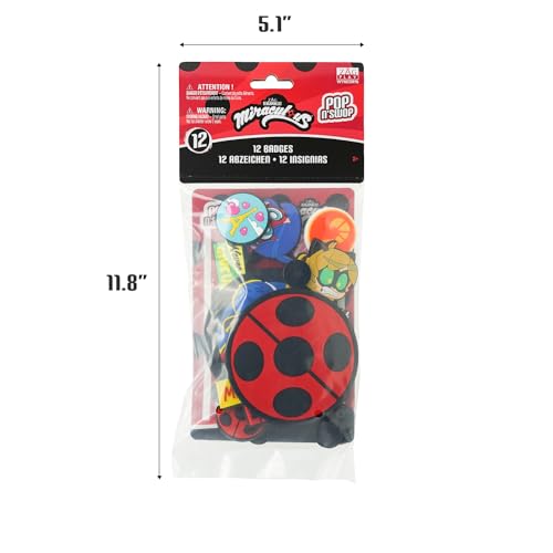 Miraculous Ladybug - Pop n\' Swop 12 Assorted Ladybug and Cat Noir Badges, Collection 1, Regular and XXL Clip-on Badges, compatible with Pop n\' Swop Purses, Shoulder Bag and Backpacks (Wyncor)