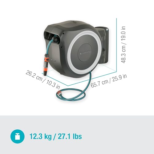 Gardena Wand-Schlauchbox RollUp L (weiß) 30 m exklusiv für Amazon: Schwenkbare Schlauchbox, integrierte Schlauchführung, inkl. 30 m Gardena Qualitätsschlauch, Reinigungsspritze und Brause (18627-38)