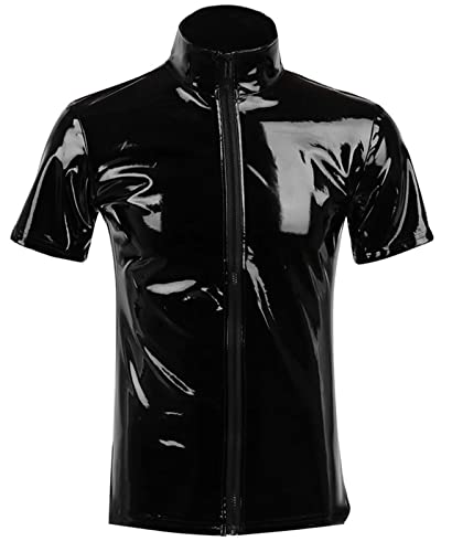Image of AIEOE Men's Leather Metallic Shirts Shiny Slim Fit Stretch Top Wetlook Club Party Undershirts