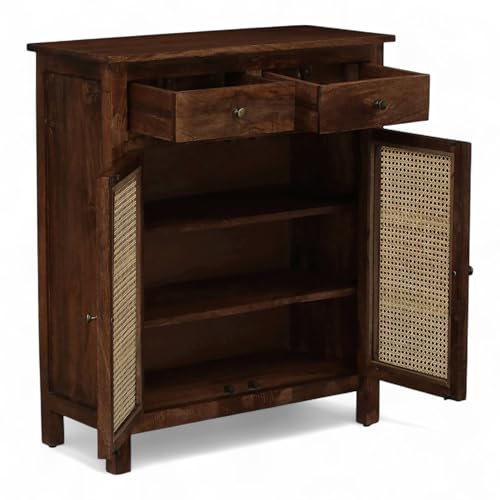 Image of Solid Wood Madrid 2 Drawers Sideboard | Crockery Cabinet | Natural Cane /Rattan Cabinet | Finish - Tubaq