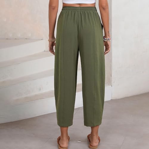 Wide Leg Pants for Women Summer Casual Linen Pants Elastic Waist Drawstring Trousers with Pockets3