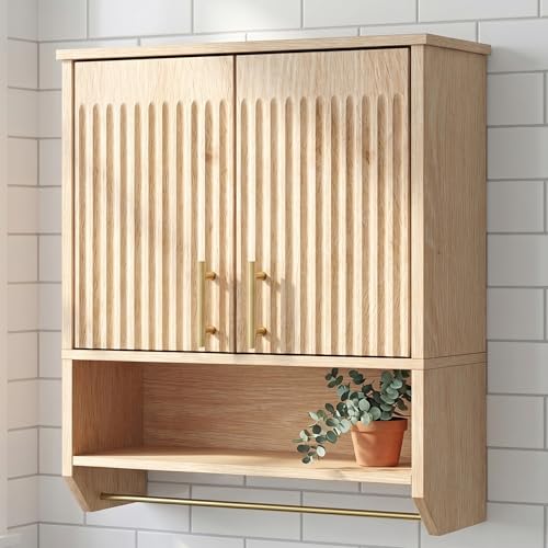 Image of HOOBRO Bathroom Wall Cabinet, Wall Mounted Bathroom Cabinet with Towel Rack, Bathroom Storage Cabinet with Adjustable Shelf, Farmhouse Fluted Wall Storage Cabinet for Small Spaces, Natural ENL135CW01