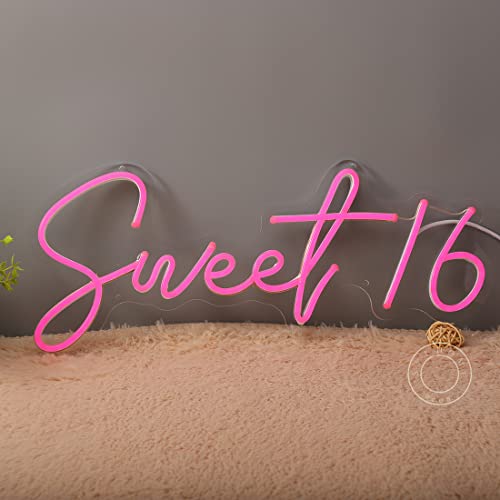 Sylhome Pink Sweet 16 Led Neon Light Sign 17"X7.3" 5V Sweet Girls Adults Bedroom Happy Birthday Party Wall Decor Beautiful Bestie Sister Gift Usb #TOP6