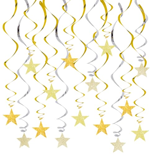 BEISHIDA Gold Glitter Stars Hanging Swirls Pre-Strung Hanging Ornament Decorations for Wedding Anniversary Retirement Graduation New Year Birthday Party Decorations,Pack of 15