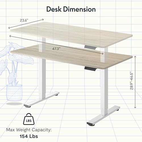 FLEXISPOT EN1 One-Piece Standing Desk, 48 x 24 Inches Electric Height Adjustable Desk for Home Office (White Frame + White Wood Grain Desktop)