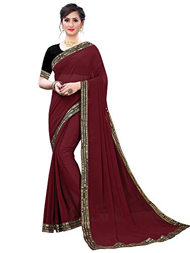 Image of AKHILAM Women's Lace Border Solid Georgette Saree with Unstitched Blouse Piece(CRNTON570 Parent)