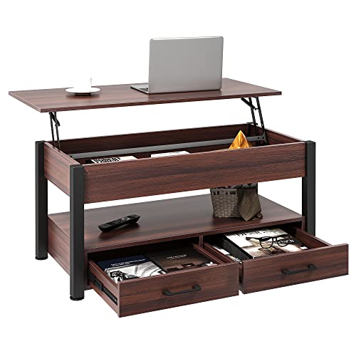 Osfvolr Lift Top Coffee Table, Coffee Table With Storage Drawers And Adjustable Metal Legs, Vintage Wood Living Room Tables With Hidden Compartment And Open Shelf, Espresso #TOP7
