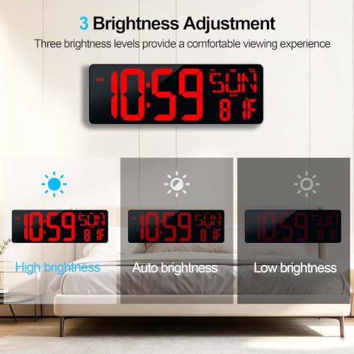 WiFi Sync Digital Wall Clock, 17.2" Large Red LED Display Date Week Temperature, Auto DST, Count-Up & Down Timer, APP & Remote Control Bedside Alarm Clock for Office Gym Elderly, Auto-Dimming - Image 4