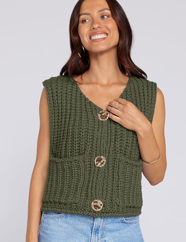 Image of UEU Womens Chunky Sweater Vest Button Down Sleeveless Cardigan V Neck Crop Crochet Knit Tops 2025 Fashion Trendy Clothes