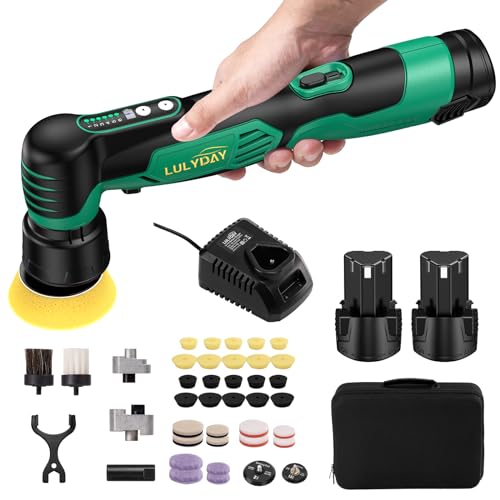 LULYDAY Mini Cordless Buffer Polisher, 1.5 & 2 inch Car Buffer Polisher with 12mm Random Orbital, w/ 2 X 2.0Ah Batteries 6 Variable Speed Dual Action Buffer Polisher for Car Detailing/Waxing/Polishing