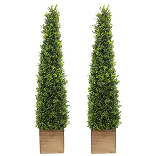 Season&rsquo;s Need Artificial Boxwood Cone Tower 4ft Tall Topiaries Tree Set with Wooden Planter...