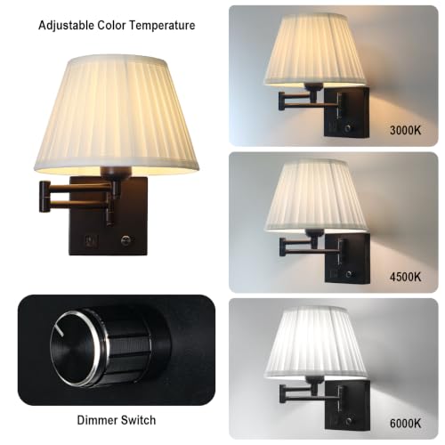 Image of Wall Lamps for Living Room Bedroom Reading Light, Bulb Included | Wall Sconce with USB C+A Charging Ports, Adjustable Swing Arm 270, Adjustable Color Temperature, White Fabric Cone lampshade