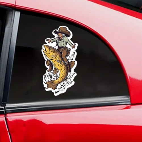 Image of Funny Fishing Bumper Sticker Decal for Car, Auto, Laptop - Trout Wrangler & Cowgirl Fly Fishing Design - Weatherproof Material