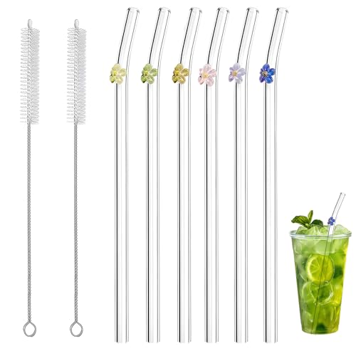 Lot De 6 Pailles En Verre Réutilisables, Incurvées Avec 2 Brosses, Set De Pailles Verre Avec Fleurs Colorées, Mignonnes Paille Bubble Tea Pour Cocktails, Smoothies, Milkshakes, Jus, Thé