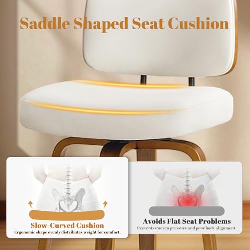 Image of Counter Height Bar Stools Set of 1, 26+inch Swivel Faux Leather Barstool with Back, Upholstered Mid-Century Modern Bar Chairs with Bent Wood Legs for Kitchen Counter, Dining Room,White