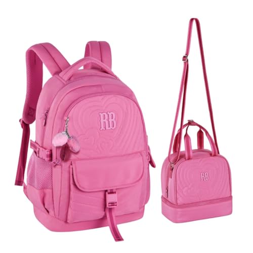 Kit Mochila de Costas e Lancheira Térmica Rebecca Bonbon Escolar Soft com Matelassê Coração e Bolso Antifurto RB24582 (Rosa)