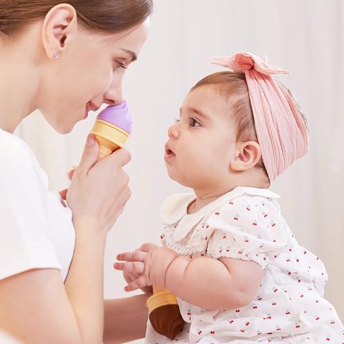 Image of Smily Mia Baby Fruit Food Feeder & Freezer Teether Combo, ICY Bite Ice Cream Teether for Baby Cooling Relief, BPA Free Silicone Feeder for Safe Infant Self Feeding, 3 Month+,Purple