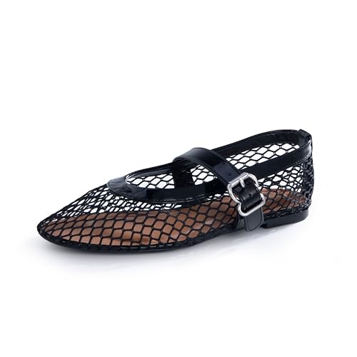Women’s Mesh Ballet Flats – Fishnet Mary Jane Flats with Adjustable Buckle Strap, Breathable & Stylish Ballerina Shoes3