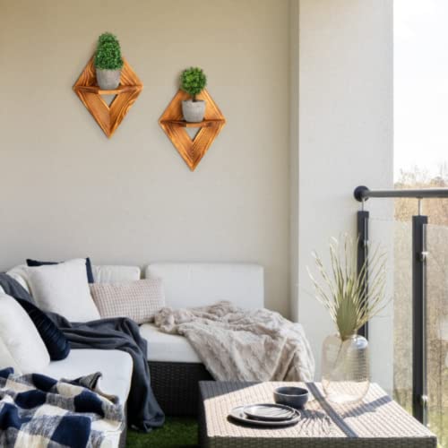 Geometric Wall Plant Shelf Set - 2 Pieces Wooden Floating Shelves For Wall Decor - Plant Wall Shelf - Decorative Wall Shelves For Living Room - Rustic Wood Floating Plant Shelves Indoor Wall #TOP4