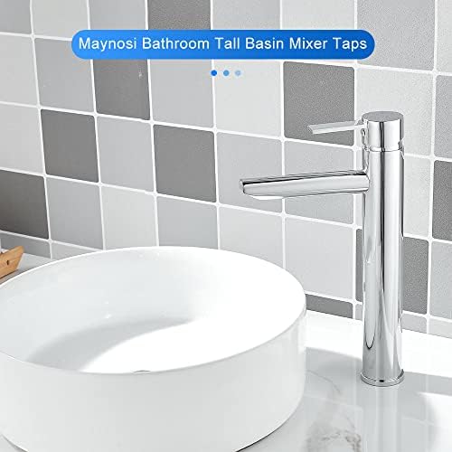 Maynosi Bathroom Monobloc Basin Mixer Tap, Modern High Rise Basin Taps, Single Lever Tall Counter Sink Faucets, Hot and Cold Tap for Countertop Basins, Stainless Steel, Lead Free (Chrome)