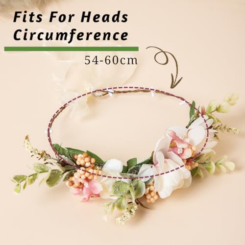 Image of Radhu & Kabby White & Blush Pink Floral Hair Tiara for Women | Delicate Artificial Flower Crown with Ribbon Tie | Elegant Headpiece for Weddings, Parties & Photoshoots | Lightweight | 1 Piece